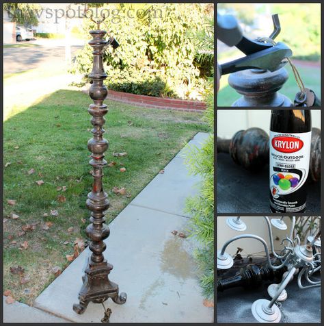 Halloween Candleabra, Diy Candelabra, Halloween Candelabra, Clean Candles, Floor Candelabra, Old Chandelier, Paper Scraps, Clean Candle, Black Spray Paint