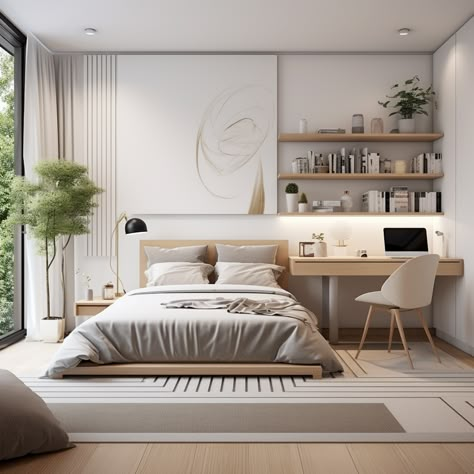 Step into serenity with these minimalist bedrooms, featuring nature-inspired elements, light color palettes, and Asian-inspired decor. Enjoy the blend of cartoonish simplicity and highly detailed renderings. #ZenBedrooms #MinimalistDesign #AsianInspired #CartoonishStyle Zen Desk Decor, Zen Minimalist Bedroom, Minimalist Bedroom With Desk, Modern Minimalist Design, Minimalist Bedroom With Study Table, Japandi Master Bedrooms Decor, Simple Bedroom Ideas Minimalism, Modern Japanese Bedroom Aesthetic, Asian Minimalist Bedroom