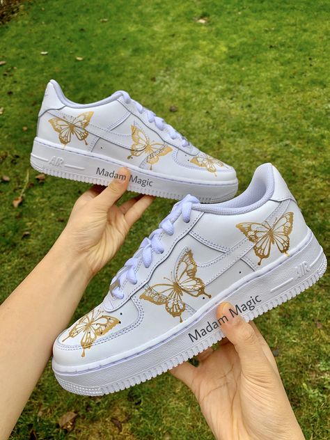 Hand Painted Custom Nike Air Force 1 Low Triple Gold Butterfly Air Force Custom Sneakers Custom Trainers Made to Order by MadamMagic on Etsy Butterfly Sneakers, Sneakers Customized, Butterfly Shoes, Custom Shoes Diy, Unique Sneakers, Preppy Shoes, Air Force 1 Custom, Custom Air Force 1, Cute Sneakers