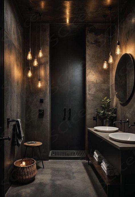 Get inspired by these moody bathroom designs for your next remodel! Discover lush, dark palettes, elegant fixtures, and atmospheric lighting that transform ordinary spaces into serene retreats. Ideas include minimalist, industrial, vintage, luxury, spa-inspired.  ... daha fazla Spa Bathroom Ideas Dark, Taupe Marble Bathroom, Dark Vintage Bathroom, Bathroom Aesthetic Dark, Moody Spa, Moody Master Bath, Interior Design Restroom, Concrete Tile Bathroom, Dark Moody Bathroom