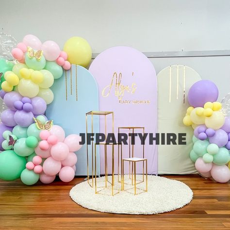 Pastel Baby Shower | Backdrops | Plinths | Butterflies | Pop colours Baby Shower Backdrops, Pastel Backdrop, Event Booth Design, Pastel Baby Shower, Event Booth, Baby Shower Backdrop, Booth Design, Pastel Colors, Butterflies