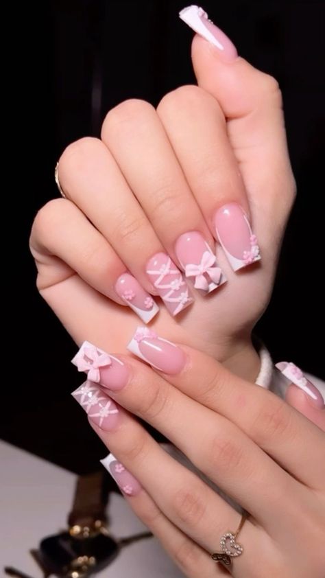 Nail Inspo Square Hello Kitty, White Nail Ideas, Bow Nail Designs, Princess Nails, Bow Nails, Bow Nail, Girly Acrylic, Cute Simple Nails, Nagel Tips