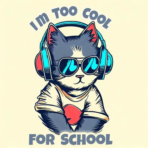 Are you looking for a T-shirt that shows off your cool and confident personality? Do you love cats, music and sunglasses? If so, you will love this T-shirt design featuring a cat wearing sunglasses and headphones, along with the text “I am too cool for school”. This T-shirt is made of high-quality cotton and comes in various sizes and colors. It is perfect for casual wear, parties, concerts or any occasion where you want to stand out from the crowd. Order yours today and get ready to rock Music Tshirt Design Ideas, Cartoon T Shirt Design, Cat T Shirt Design, T Shirt Text Design, Sunglasses And Headphones, Confident Personality, Cat Wearing Sunglasses, Couple T Shirt Design, Markers Drawing Ideas