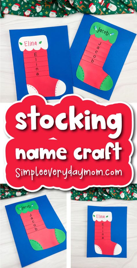 Stocking Name Craft Preschool, Christmas Stockings Craft Preschool, Christmas Crafts For Pre K Kids, Free Name Crafts Preschool, Diy Ornaments Preschool, Christmas Sock Craft, Preschool Christmas Stocking Craft, Stocking Designs Diy, Stocking Activities For Kids