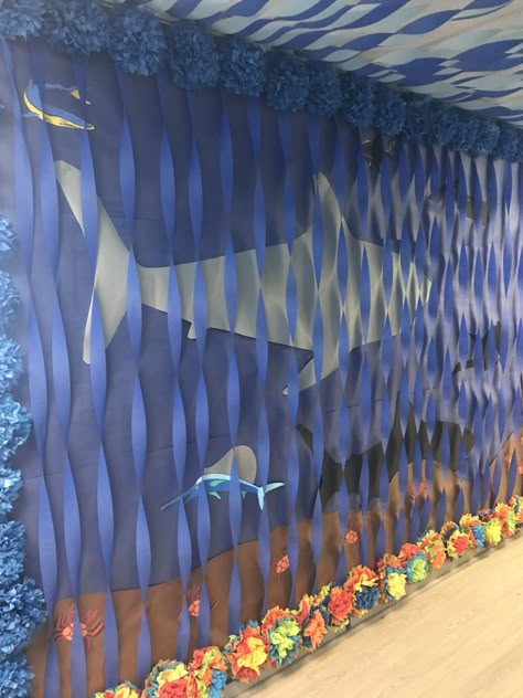 Under The Sea Office Decor, Shark Birthday Party Decorations Diy, Shark Week Decor, Shark Birthday Party Crafts, Breaker Rock Beach Vbs Door Decoration, Beach Theme Hallway, Scuba Vbs Trunk Or Treat, Jaws Halloween Decorations, Under The Sea Diy Decor