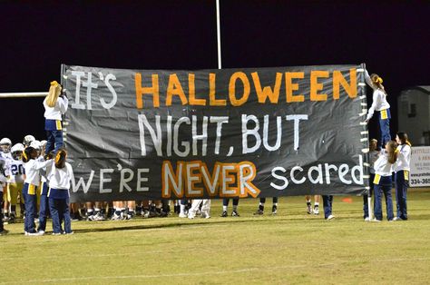 Halloween Football Banner Ideas, Halloween Themed Football Posters, Halloween Football Posters, Halloween Run Through Signs Football, Halloween Football Game Theme, Halloween Pep Rally Posters, Halloween Pep Rally, Halloween Poster Ideas For School, Senior Cheer Banners