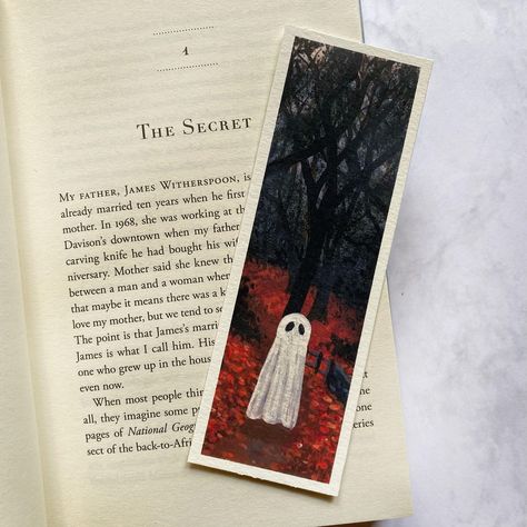 "- Halloween ghost bookmark print of my original autumn ghost acrylic painting - Lamination available - Perfect gift for booklovers! - Size: approximately 2\"x6\" - All packaging is 100% recyclable  - Shipped via second class Royal Mail to the UK and standard international delivery (unless upgraded) - Bookmarks are sent 1-3 days following payment in a protective cardboard envelope" Fantasy Bookmark Ideas, Halloween Bookmarks Diy, Painted Book Marks, Cool Bookmark Ideas, Halloween Book Marks, Hand Painted Bookmarks, Ghost Acrylic Painting, Diy Bookmarks Creative, Bookmarks Handmade Creative