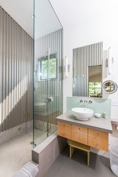 Saint Helena, CA Ultra-Modern Guest House Alternative Shower Walls, Bathroom Demo, Bathroom Dream, Minimalist Small Bathrooms, Corrugated Metal Wall, Small Farmhouse Bathroom, Simple Cottage, Corrugated Tin, Home Remodeling Contractors