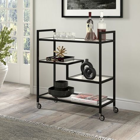 Lovett 33" Wide Rectangular Bar Cart with Glass Shelves - On Sale - Bed Bath & Beyond - 36575892 Black Bar Cart, Bar Cart Ideas, Metal Bar Cart, Serving Trolley, Cart Ideas, Serving Cart, Black Bar, Home Bar Decor, Glass Top Table