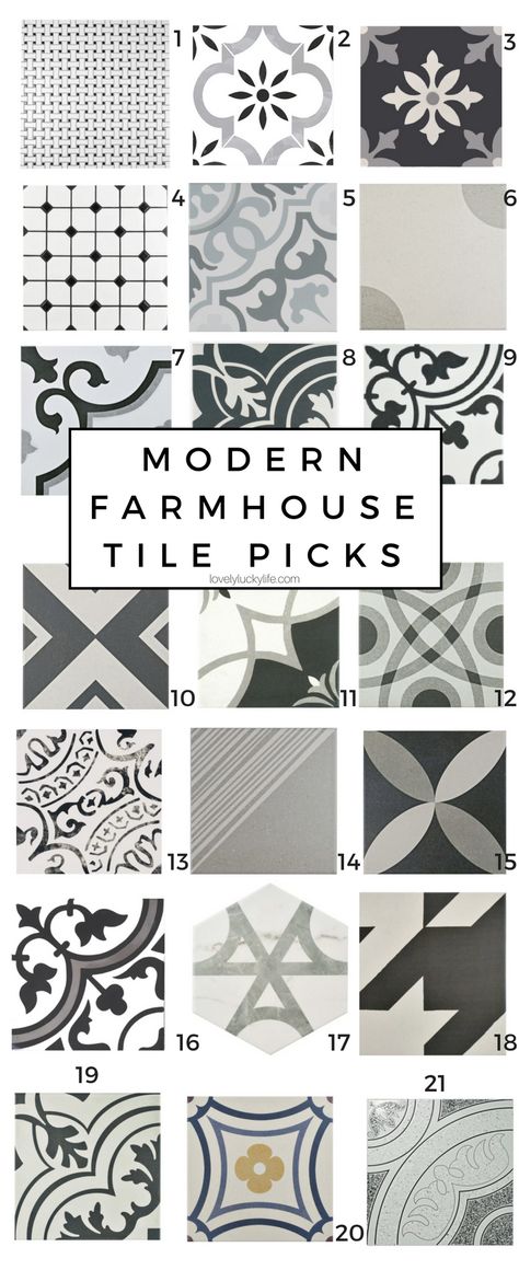 Modern Farmhouse Patterned Tile Picks - Tile for Our Laundry Room - Lovely Lucky Life Modern Farmhouse Tile, Laundry Room Farmhouse, Laundry Room Tile, Tile Options, Patterned Tile, Laundry Room Flooring, Farmhouse Flair, Farmhouse Tile, Farmhouse Laundry