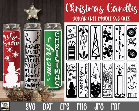 "Christmas Candles SVG Bundle #2 - Dollar Tree Candle File - Christmas Candle Design - Christmas Pillar Candles - Glass Candle Thank you for visiting OldMarket Square! These candle files are designed for the Dollar Tree pillar candles. The design covers the front of the candle and is sized to approximately 6 x 1.8\". There are 12 different designs included in this bundle. ➳ ➳ ➳ IMPORTANT ➳ ➳ ➳ Please read before purchasing! This is a digital product, NO physical product will be sent. This file i Candle Svg, Dollar Tree Candles, Candle Design, Tree Candle, Holiday Svg, Designer Candles, Dollar Tree Crafts, Tree Crafts, Silhouette Studio Designer Edition