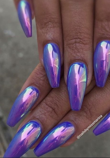 Purple Chrome And Glitter Nails, Purple Mermaid Nails Design, Mermaid Metallic Nails, Glitter Fingernails, Peacock Chrome Nails, Bright Purple Chrome Nails, Purple Holographic Nails Designs, Purple Holo Nails, Shiny Purple Nails