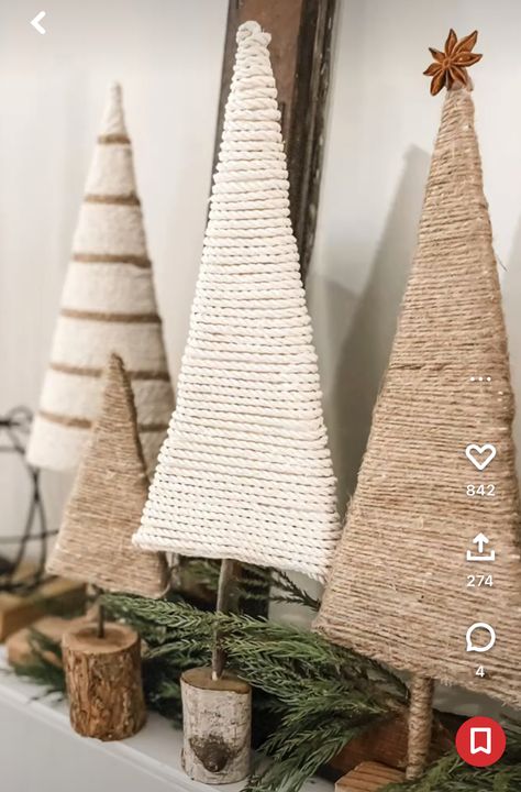 Jute Christmas Trees, Diy Twine Christmas Tree, Rope Christmas Trees Diy, Nail Yarn Wood Art Christmas Tree, Yarn Christmas Tree On Wood, Easy Diy Christmas Tree, Yarn Christmas Tree, Cheap Christmas Ornaments, Christmas Homescreen