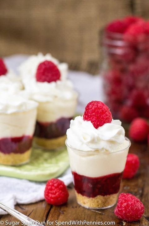 No-Bake Raspberry Cheesecake Layered Dessert Shooters - used this recipe for the party, but with lemon curd instead of raspberries Cheesecake Dessert Shooters, Mini Desserts Shooters Recipes, Lemon Lush Dessert, Dessert Shooters Recipes, Raspberry Dessert, Shot Glass Desserts, Raspberry No Bake Cheesecake, Shooter Recipes, Dessert Cups Recipes