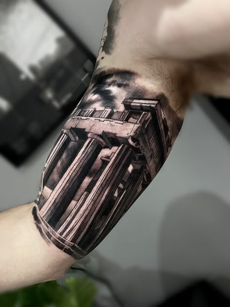 Bicep Greek Tattoo, Greek Inner Bicep Tattoo, Roman Architecture Tattoo, Greek Pillar Tattoo, Acropolis Tattoo, Greek Architecture Tattoo, Parthenon Tattoo, Inner Bicep Tattoo Men Ideas, Perseus Tattoo