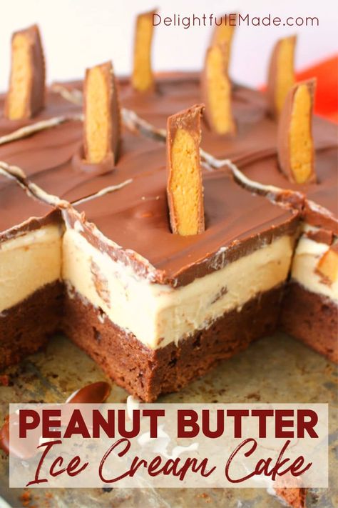 Peanut Butter Brownie Ice Cream Cake recipe | EASY No-Churn Recipe! Ice Cream Cake Recipe Easy, Peanut Butter Ice Cream Cake, Brownie Ice Cream Cake, Peanut Butter Sheet Cake, Cake Recipe Easy, Peanut Butter Brownie, Peanut Butter Banana Bread, Cream Cake Recipe, Butter Ice Cream