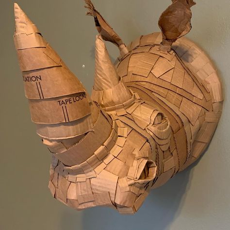 Horns Cardboard, Cardboard Horns, Cardboard Taxidermy, Paper Doll Wardrobe, Cardboard Animal Head, Rhino Sculpture, Rhino Ready, Cardboard Dragon, Cardboard Art Sculpture