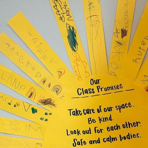 Kozy in Kinder on Instagram: "🔆Our Class Promises🔆 Instead of classroom rules, as a class we come up with classroom promises to make our classroom a bright place to be. We are the rays of sunshine that make the classroom bright so we each decorate a ray on the sun. • • #classroomcommunity #classroommanagement #lovefirstteachsecond #classroominspiration #sel #allarewelcome" Class Promise Kindergarten, Our Class Rules Preschool, Classroom Promise Class Pledge, Sun Classroom Agreement, Class Rules First Grade, Class Rules Activity, Classroom Charter, Class Contract, Classroom Contract