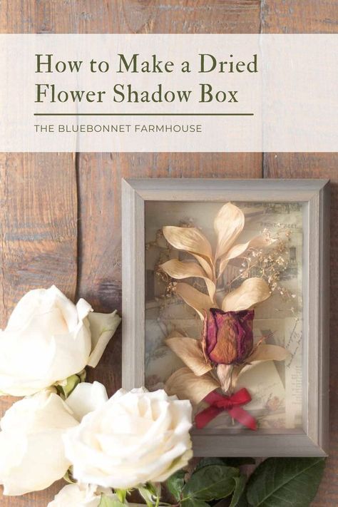 dried red rose flower shadow box on a farmhouse table with fresh white roses. text reads "how to make a dried flower shadow box by the bluebonnet farmhouse" Dried Flower Shadow Box, Shadow Box Diy, How To Dry Flowers, Drying Flowers, Flower Shadow, Dimensional Shapes, Diy Shadow Box, Reading Diy, Flower Shadow Box