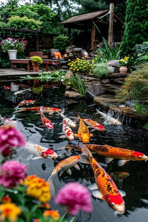 Koi Fish Pond Ideas for Serene Backyard Retreats Coy Pond Aesthetic, Beautiful Koi Ponds, Small Coy Pond, Koi Carp Pond, Home Koi Pond, Koi Pond Plants, Diy Fish Ponds Backyard, Coy Pond Ideas Backyards, Backyard Koi Pond Ideas