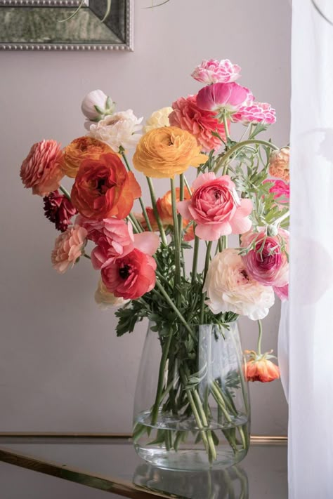 Flower Arrangements Clear Vase, Rannoculous Flower, Ranunculus Bouquet Aesthetic, Rannaculus Flower Wedding, Flowers At Home Aesthetic, Ranculus Flowers, Ranunculus Vase, Ranunculus Aesthetic, Wallpaper Flowers Aesthetic