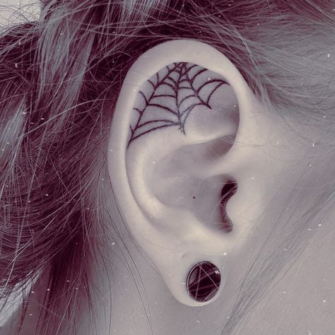 Ear Web Tattoo, Cobweb Tattoo Design, Web Finger Tattoo, Spider Web Face Tattoo, Web Ear Tattoo, Cobweb Ear Tattoo, Gothic Ear Tattoo, Bats Behind Ear Tattoo, Goth Ear Tattoo