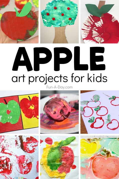 Over 15 apple art projects for preschool, pre-k, and kindergarten kids. Just what you need when you plan your next apple unit. Click on the Fun-A-Day.com link for more details about the apple art for preschoolers. Apple Crafts For Kids, Preschool Apple Theme Activities, Apples Activities, Apple Art Projects, Apple Crafts Preschool, Apple Theme Activities, Thema Fruit, Apple Week, Preschool Apple Theme