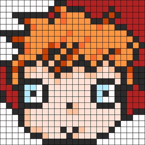 Ponyo Head perler bead pattern Ponyo Cross Stitch Pattern, Ponyo Grid Pattern, Ponyo Perler Beads, Studio Ghibli Pixel Art, Ghibli Crochet, Anime Perler, Melty Bead Patterns, Bead Studio, Easy Pixel Art