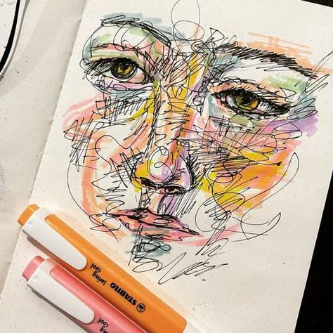 Mood Drawings Faces, Coloring With Highlighters, Sketch With Highlighter, Face Highlights Drawing, Sketches With Highlighter, Drawing With Highlighters Markers, Highlighter Art Ideas, Highlighter Sketchbook, Highlighter Art Drawing