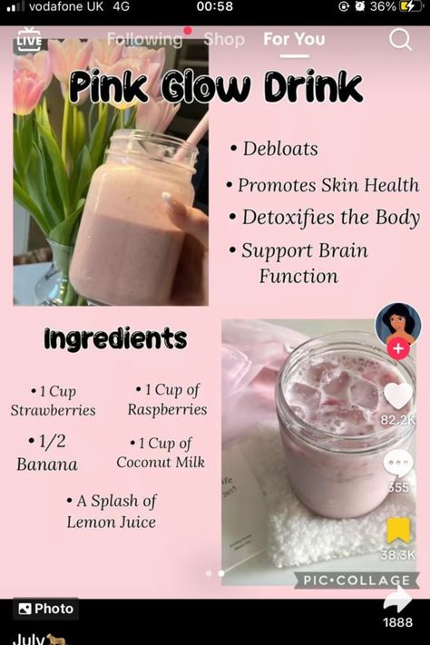 🎀the pink glow drink🎀 #drinks #glowdrink #Glowup #glowupchallenge Pink Glow Drink, Pink Drink Healthy, Healthy Diy Drinks, Pink Meal Ideas, Glow Up Drink Recipe, Pink Drinks Non Alcoholic, Glow Drink Recipe, Smoothies For Skin, Aesthetic Drinks Recipe