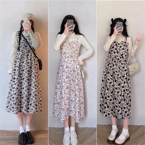 Save-Follow🤍 #koreanfashionoutfits #koreanstyle #style #outfits #ootd #fashion Korean Long Dress Outfit, Korean Ootd Skirt, Dress Layered Outfit, Japanese Outfits Aesthetic, Japan Outfit Ideas, Korean Outfits Men, Outfit Rok, Aesthetic Korean Fashion, Skirt Outfits Korean