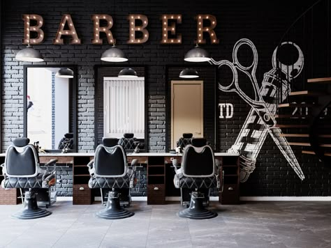 Masculine Barbershop Design, Rustic Barbershop Ideas, Trendy Barber Shop Interior, Barbershop Seating Area, Barber Shop Decor Modern, Modern Barber Shop Ideas Interior Design, Barber Interior, Henna Design Tutorial, Barber Shop Pictures