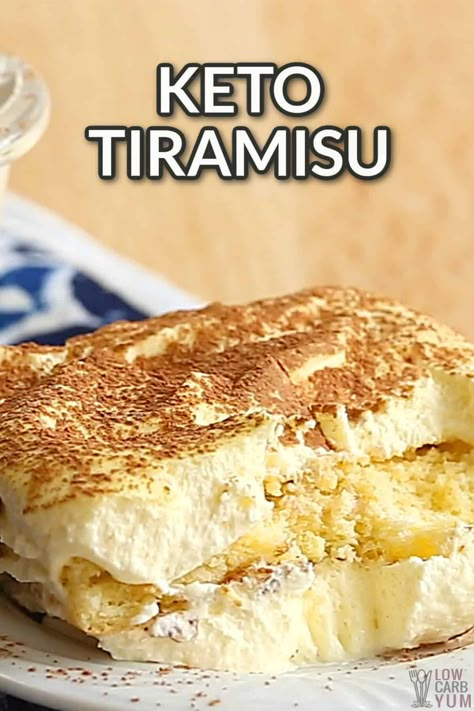 An easy keto tiramisu dessert recipe that tastes just like the real thing! But it's made with gluten-free lady fingers and low-carb custard. Keto Tiramisu, Mascarpone Filling, Tiramisu Dessert, Postre Keto, Low Carb Cake, Diet Desserts, Tiramisu Cake, Low Carb Dessert, Tiramisu Recipe