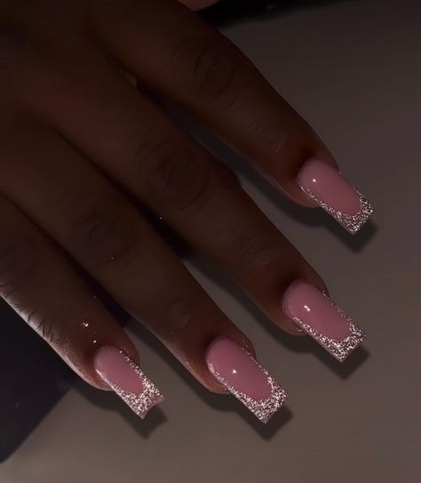 Pink Sparkle Aesthetic Nails, Homecoming Nails Sparkle, Nail Ideas Gel Pink, Birthday Nails For January, Medium Prom Nails, Short Double French Nails, Aquarius Birthday Nails Short, Red Glitter French Tip Nails Short, Birthday Nails Glitter Sparkle