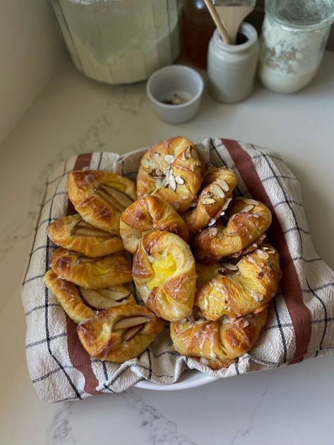 Custard Danish, Sourdough Croissant, Aesthetic Pastry, Paul Hollywood Recipes, Danish Aesthetic, Danish Pastries, Croissant Dough, Sliced Pears, Danish Pastry