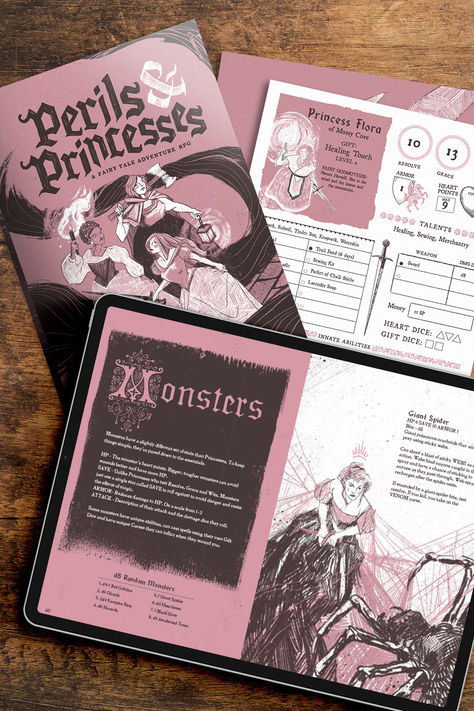 Perils & Princesses is an adventure game played with paper and pencils, a few fancy dice, and your collective imaginations. The rules are inspired by a long tradition of pen-and-paper role-playing games, but specifically-designed to be easy to pick up and get you started on an evocative gritty, pretty, magical adventure. Back Of Book Design, Leave Behind Ideas Graphic Design, Princess Graphic Design, Rule Book Design, Magical Graphic Design, Game Design Aesthetic, Game Rules Design, Cute Book Design, Game Board Ideas