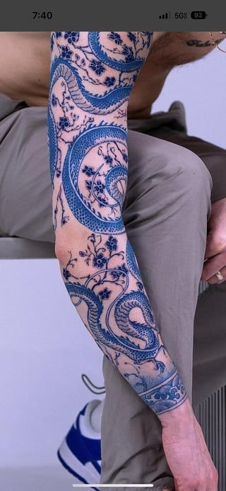 Blue Ink Tattoos, Godzilla Tattoo, Dragon Sleeve, Occult Tattoo, Torso Tattoos, Dragon Sleeve Tattoos, Theme Tattoo, Blue Tattoo, Arm Band Tattoo