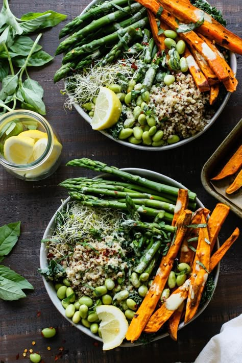 | Pinned to Loveleaf Co. Sweet Potato Fries Seasoning, Asparagus Quinoa, Buddha Bowl Sauce, Sweet Potato Quinoa, Tahini Dressing Recipe, Buddha Bowls Recipe, Sweet Potato Fries Baked, Lemon Bowl, Lemon Tahini Dressing