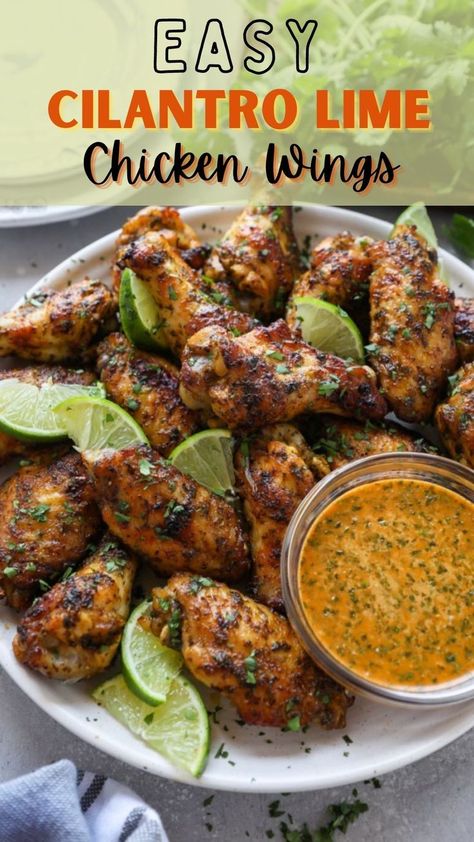 Crispy, slightly charred chicken wings packed with Mexican flare! They’re loaded with cilantro, lime & garlicky flavors making them the perfect finger-licking game day appetizer! Brine For Chicken Wings Recipe, Cilantro Lime Chicken Wings, Lime Chicken Wings, Mexican Grilled Chicken, Oven Chicken Wings, Wings Recipe Baked, Cilantro Recipes, Bbq Chicken Wings, Southern Recipes Soul Food