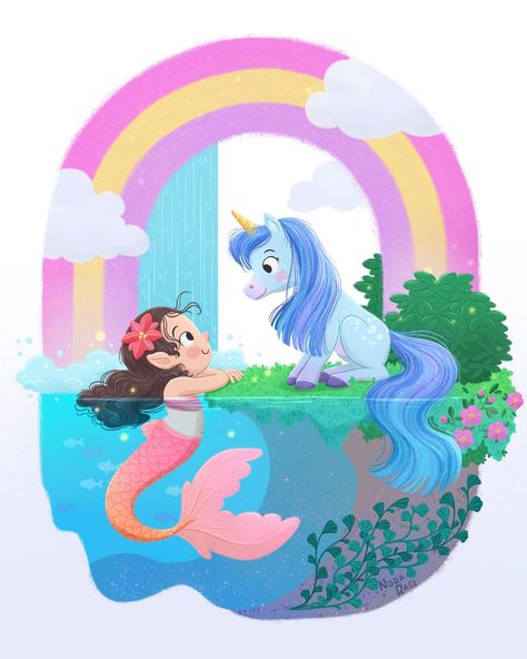 Mermaid girl and unicorn illustration. Artwork by Nora Racz Procreate Drawings, Illustration Birthday, Unicorn Cartoon, Friends Enjoying, Mermaid Unicorn, 3 Birthday, Mermaid Illustration, Sea Illustration, Unicorn Drawing