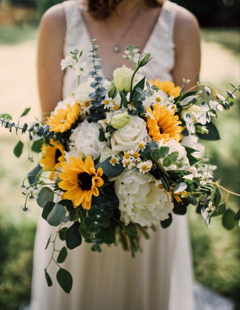 Sage Green And Sunflower Rustic Wedding, Sunflowers And White Roses Bouquet, Sunflower And White Flower Bouquet, Gardenia And Sunflower Bouquet, Peonies And Sunflowers Bouquet, Sunflower And Magnolia Bouquet, Simple Fall Wedding Bouquets With Sunflowers, Sage Green Bridesmaid Dresses With Sunflower Bouquet, Sunflower Peony Bouquet