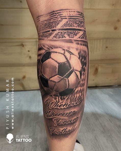 All football lovers Meaningful Soccer Tattoos, Football Sleeve Tattoo, Soccer Tattoo Ideas For Men, Football Tattoo Designs Soccer, Football Leg Tattoo, Football Tattoo Designs Men, Soccer Tattoos For Men Leg, Tattoo Football Soccer, Football Tattoo Ideas For Men Leg