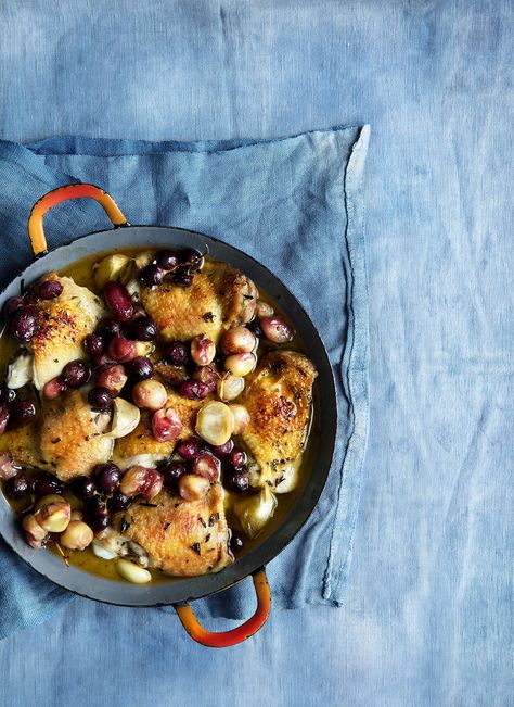 Chicken thigh recipe - Tuscan chicken with sweet wine and grapes | House & Garden Sweet Wine Recipes, Sweet Chicken Recipes, Chicken With Grapes, Claudia Roden, Spring Dinners, Grilled Polenta, Wine And Grapes, Chicken Thigh Recipe, Autumn Dinner