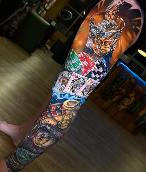 Gambling leg sleeve by Derek Turcotte, an artist working at Electric Grizzly Tattoo in Alberta, Canada. Calf Tattoo Men, Casino Tattoo, Colored Tattoo Design, Special Tattoos, Tattoo Inspiration Men, Half Sleeve Tattoos For Guys, Leg Tattoo Men, Leg Sleeve Tattoo, Gambling Tattoo