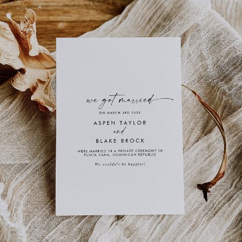 $2.88 | Modern Script Elopement Announcement #elegant we got married, modern we eloped, rustic elopement marriage announcement, fancy contemporary script, minimal basic simplistic pretty glam, classy minimalist romantic boho autumn, simple monochrome whimsical handwritten, spring summer bohemian typography k500, fall winter unique industrial lettering, classic luxury black white calligraphy Marriage Announcement Cards, Rustic Elopement, We Eloped, Elopement Invitation, Boho Autumn, Classy Minimalist, Wedding Announcement Cards, Bronze Wedding, Marriage Announcement