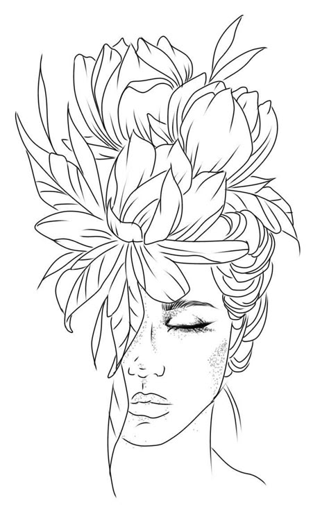 Flower Art Reference, Reference Photos Drawing, Lady Tattoo Design, Lady Tattoo, Woman With Flowers, Fairy Drawings, Line Art Design, Outline Art, Outline Drawings