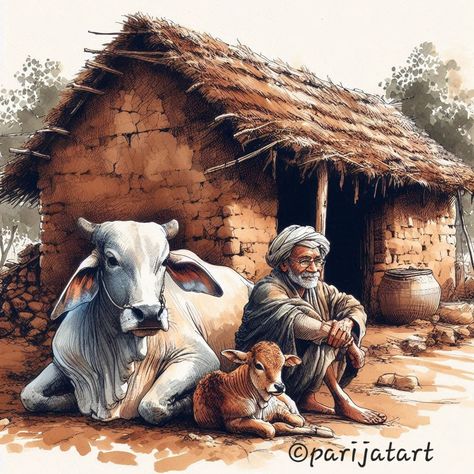 Village Scene Drawing Paintings, Indian Village Painting, Village Scene Painting, Village Hut, Subject Painting, Village Scene Drawing, Om Symbol Art, Village Drawing, Animal Painter