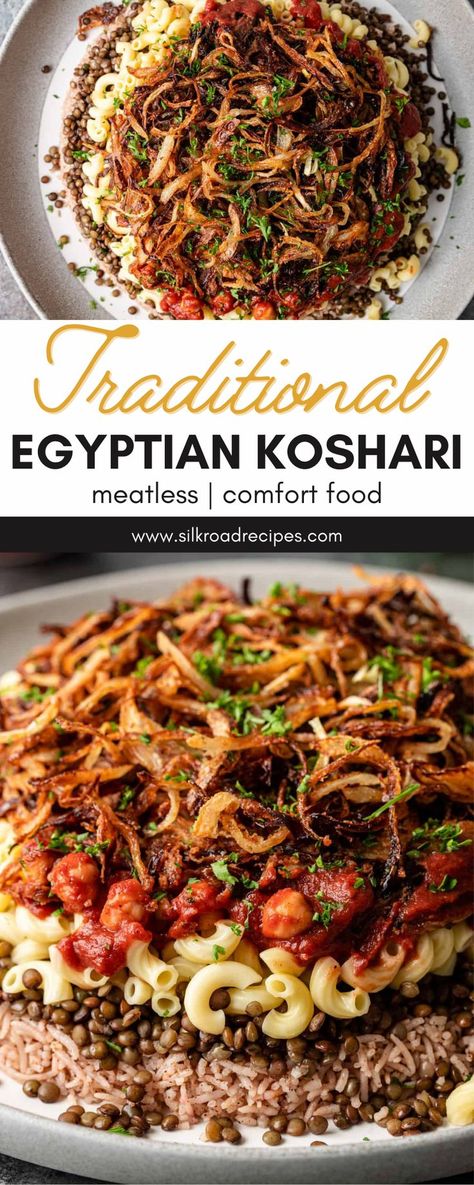 Traditional Egyptian Koshari is a meatless comfort food full of pasta, rice, and lentils in a delicious and spicy tomato sauce. Eat this carbohydrate-loaded dish for a meal or as a side dish. The baharat spiced tomato sauce ties this dish together with chickpeas and a topping of crispy fried onions. Tie Food Recipes, Rice Pilaf Meals, Koshary Egyptian Food, Egyptian Couscous Recipes, Lebanese Main Dishes, Vegetarian Egyptian Recipes, Egyptian Side Dishes, Authentic Egyptian Food, Eygptain Food