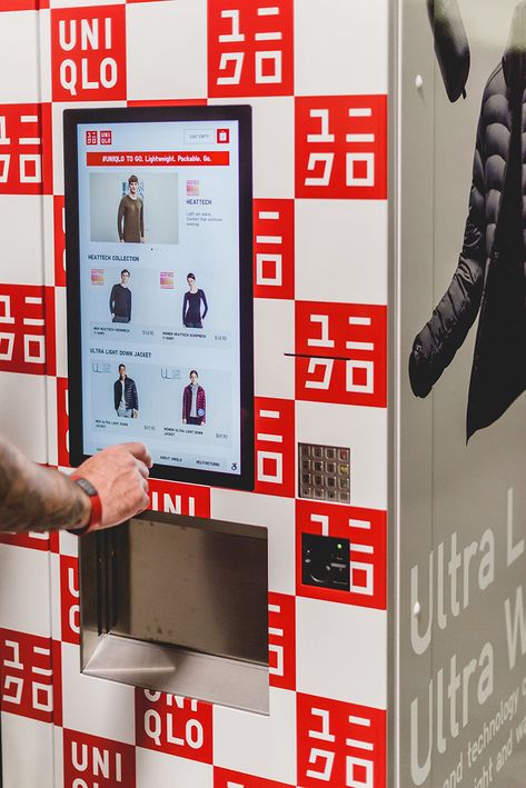 uniqlo to go: vending machines containing clothes in selected airports Vending Machine Design, Uniqlo Store, Retail Technology, 2020 Olympics, Vending Machines, Tech T Shirts, Computer Art, Retail Store Design, Tokyo 2020