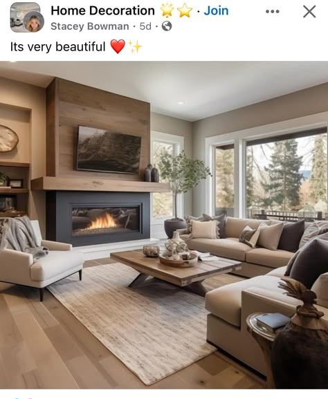 Living Room Ideas With Fireplace Between Windows, Top Living Room Designs, Window On One Side Of Fireplace, Uneven Ceiling Ideas Living Rooms, Rustic Modern Family Room, Fireplace Tv Side By Side, Home Theater With Fireplace, Living Room Addition Off Back Of House, Rectangular Fireplace With Tv Above